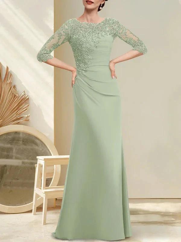 A-line Scoop Floor-Length Chiffon Lace Mother of the Bride Dress With Beading Pleated Sequins by Dreamylily