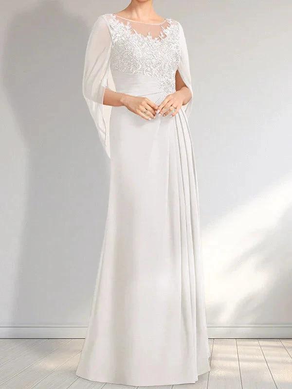 A-line Scoop Illusion Floor-Length Lace Chiffon Mother of the Bride Dress With Pleated Sequins by Dreamylily
