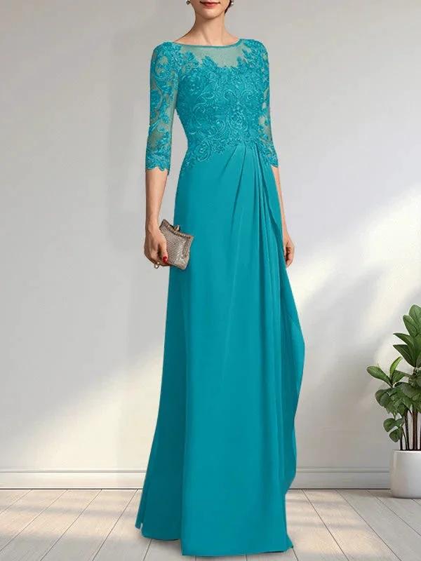 A-line Scoop Illusion Floor-Length Chiffon Lace Mother of the Bride Dress With Beading Sequins Cascading Ruffles by Dreamylily