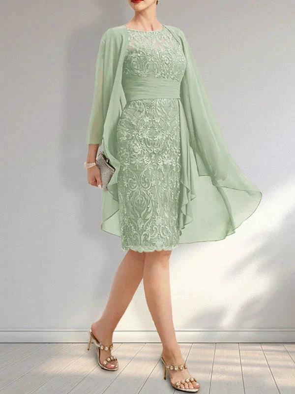 Sheath Scoop Illusion Knee-Length Lace Chiffon Mother of the Bride Dress With Cascading Ruffles Sequins by Dreamylily