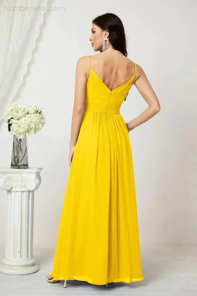 Numbersea Chiffon V-Neck Bridesmaid Dress Spaghetti Strap Long Formal Party Prom Gowns with Slit 28010 by numbersea