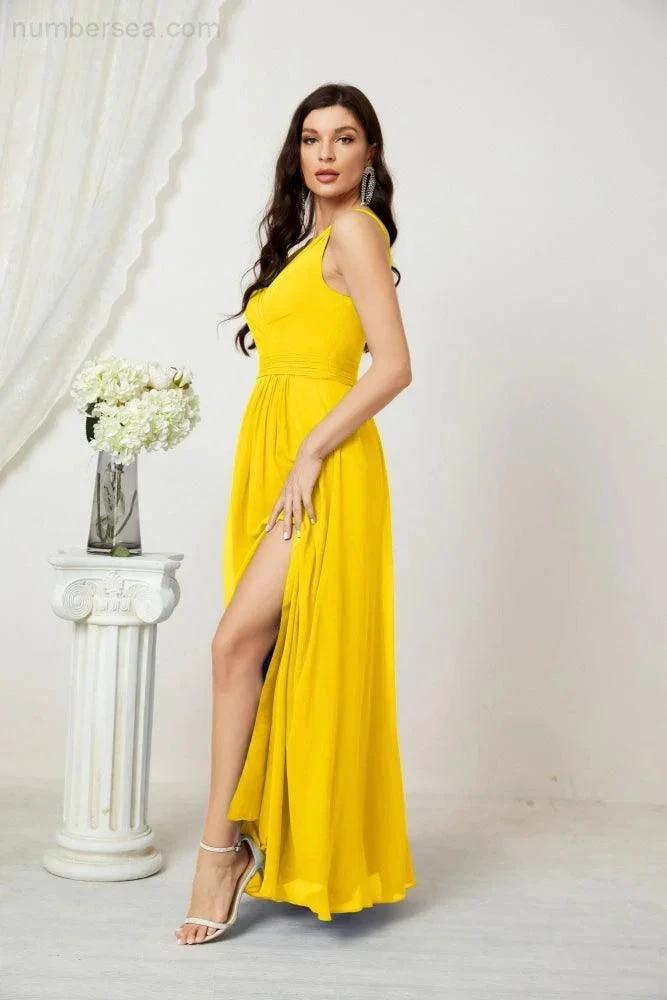 Numbersea Chiffon V-Neck Bridesmaid Dress Spaghetti Strap Long Formal Party Prom Gowns with Slit 28010 by numbersea