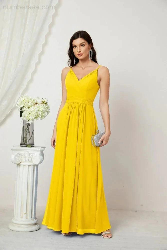 Numbersea Chiffon V-Neck Bridesmaid Dress Spaghetti Strap Long Formal Party Prom Gowns with Slit 28010 by numbersea