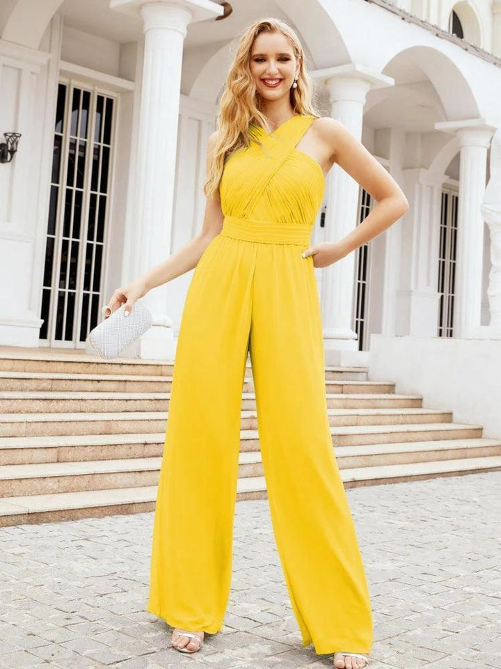 Numbersea Crisscross Neck Jumpsuit Formal Evening Dress Long Bridesmaid Dresses Bell-bottomed Pants 28033 by numbersea