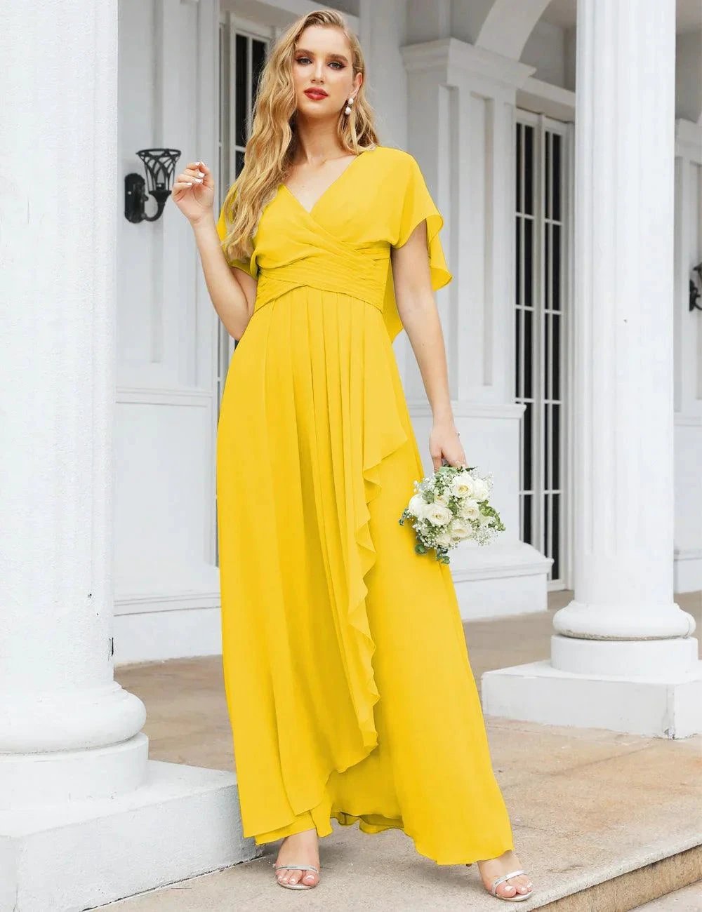 Numbersea Chiffon Bridesmaid Dresses Long Formal Evening Prom Mother of The Bride Dress with Flutter Sleeve SEA28040 by numbersea