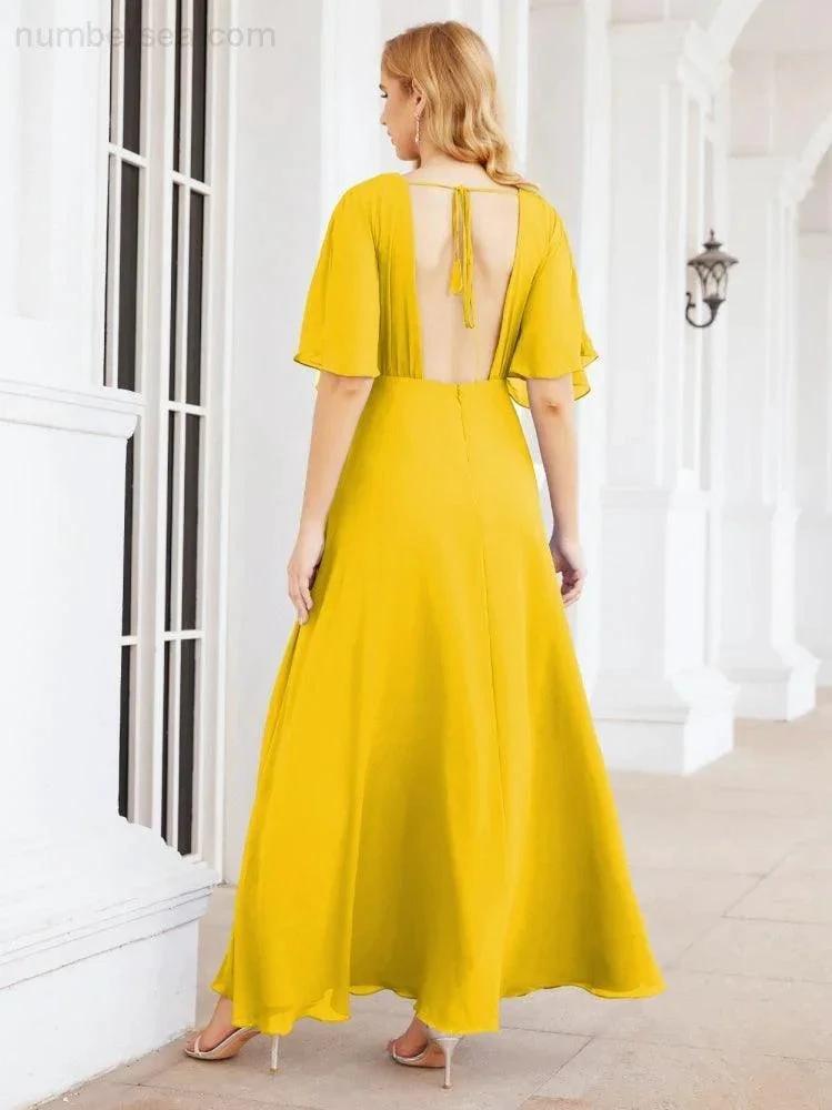 Numbersea V-Neck Bridesmaid Dress Chiffon Long Open Back Formal Dresses for Women Party Evening 28067 by numbersea