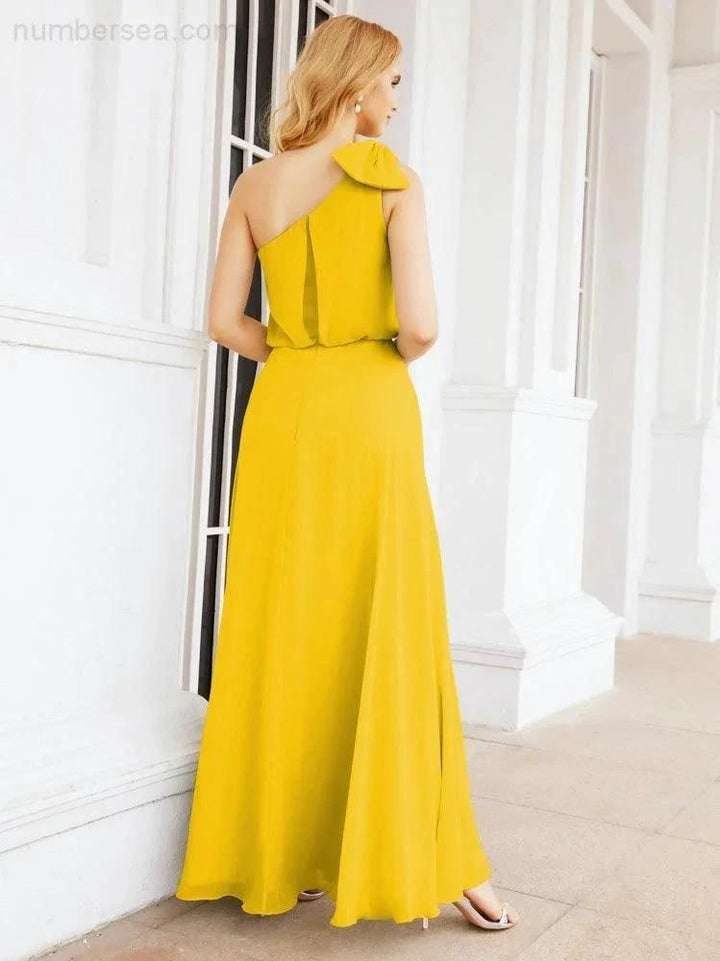 Numbersea Chiffon Ruffled One Shoulder Sleeveless Long Bride Dresses A-line Formal Evening Gown Side Split 28057 by numbersea