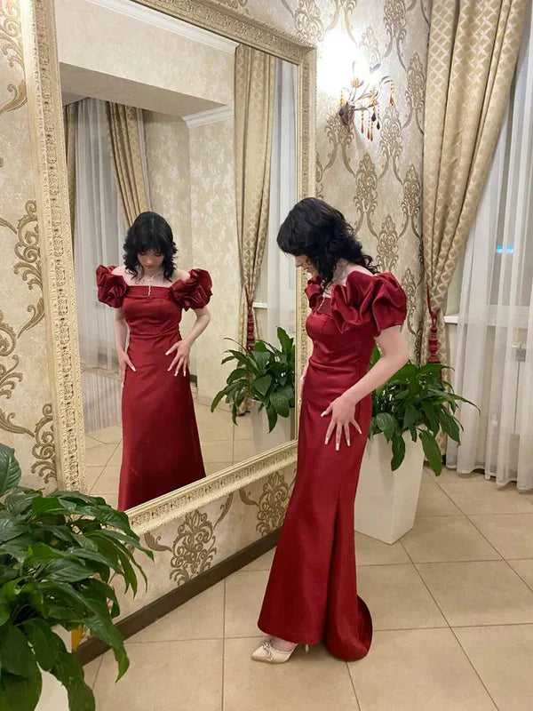Elegant Red Puff Sleeves Satin Ball Gown Long Prom Evening Dress Y7603 by simplepromdress