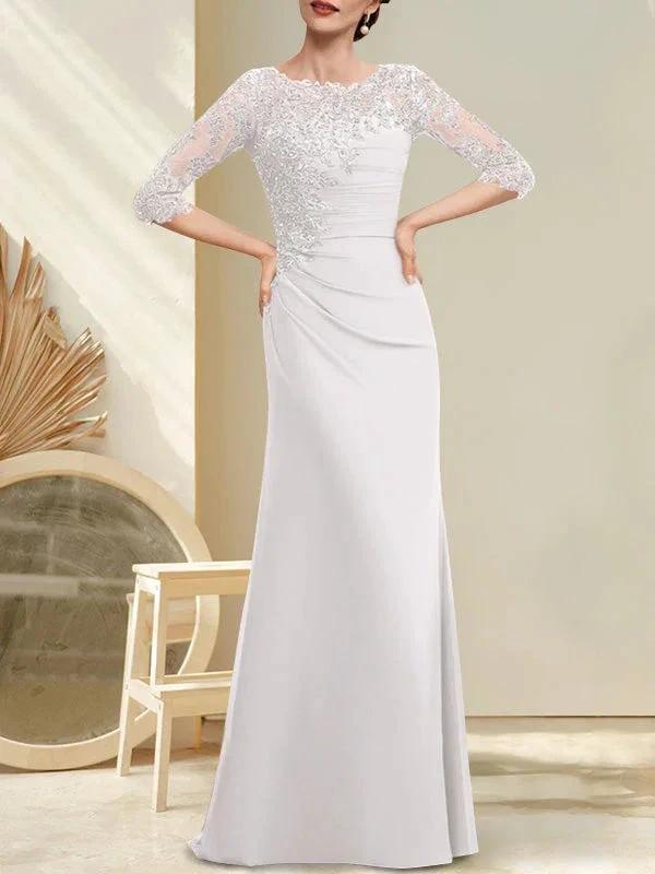 A-line Scoop Floor-Length Chiffon Lace Mother of the Bride Dress With Beading Pleated Sequins by Dreamylily