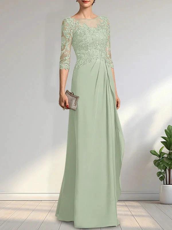 A-line Scoop Illusion Floor-Length Chiffon Lace Mother of the Bride Dress With Beading Sequins Cascading Ruffles by Dreamylily