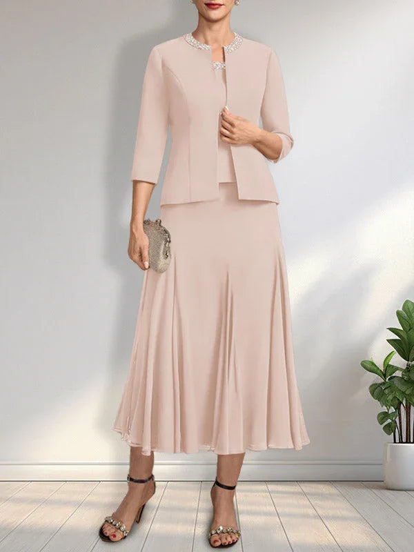 Separates A-line Scoop Tea-Length Chiffon Mother of the Bride Dress With Sequins Beading by Dreamylily