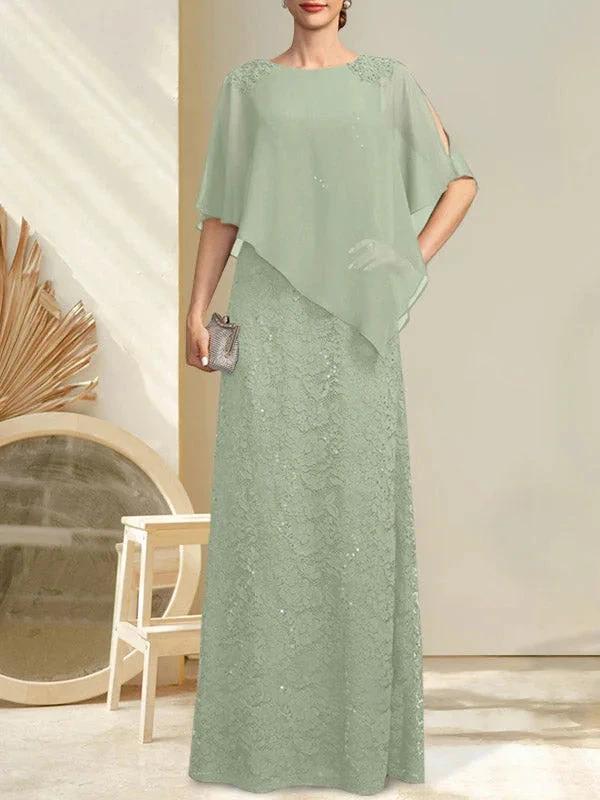 Sheath/Column Scoop Floor-Length Chiffon Lace Mother of the Bride Dress With Sequins Beading by Dreamylily