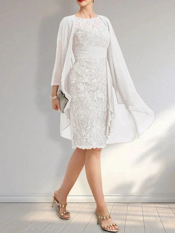 Sheath Scoop Illusion Knee-Length Lace Chiffon Mother of the Bride Dress With Cascading Ruffles Sequins by Dreamylily