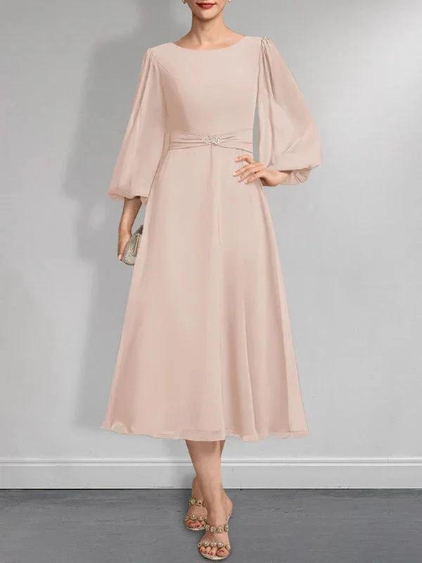 A-line Scoop Tea-Length Chiffon Mother of the Bride Dress With Crystal Brooch Pleated by Dreamylily