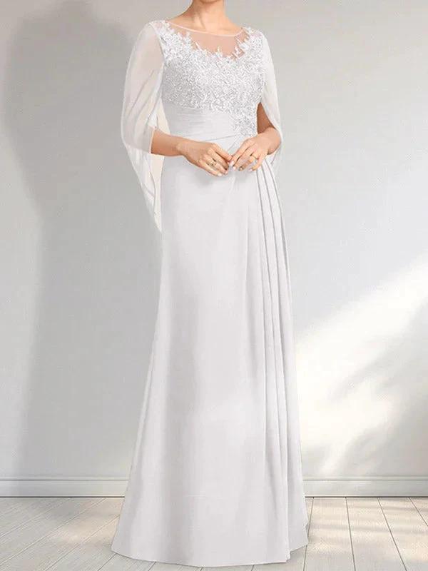 A-line Scoop Illusion Floor-Length Lace Chiffon Mother of the Bride Dress With Pleated Sequins by Dreamylily
