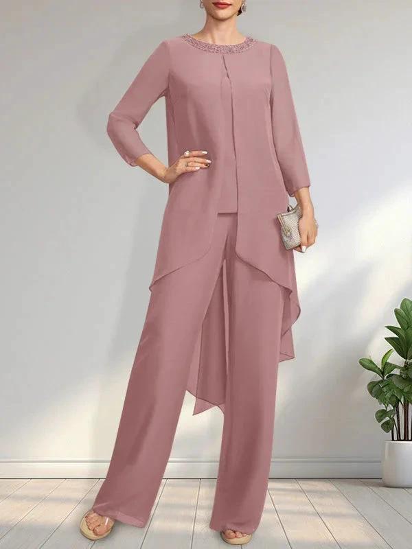 Separates Jumpsuit/Pantsuit Scoop Floor-Length Chiffon Mother of the Bride Dress With Sequins Beading by Dreamylily