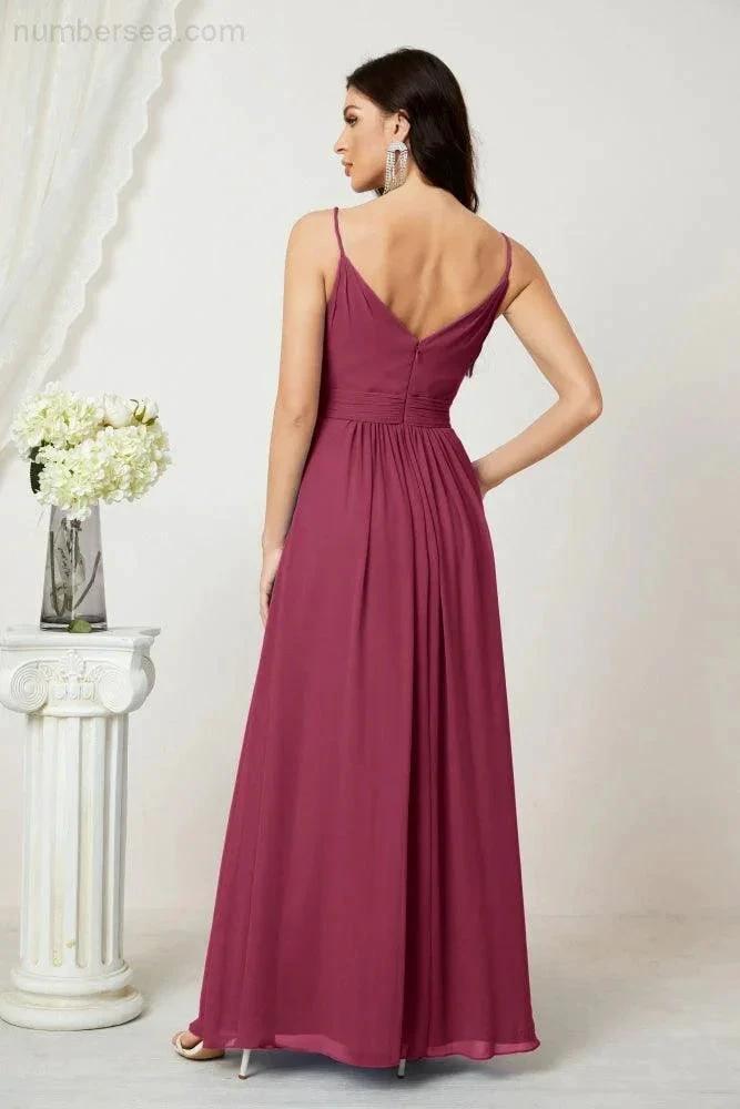 Numbersea Chiffon V-Neck Bridesmaid Dress Spaghetti Strap Long Formal Party Prom Gowns with Slit 28010 by numbersea