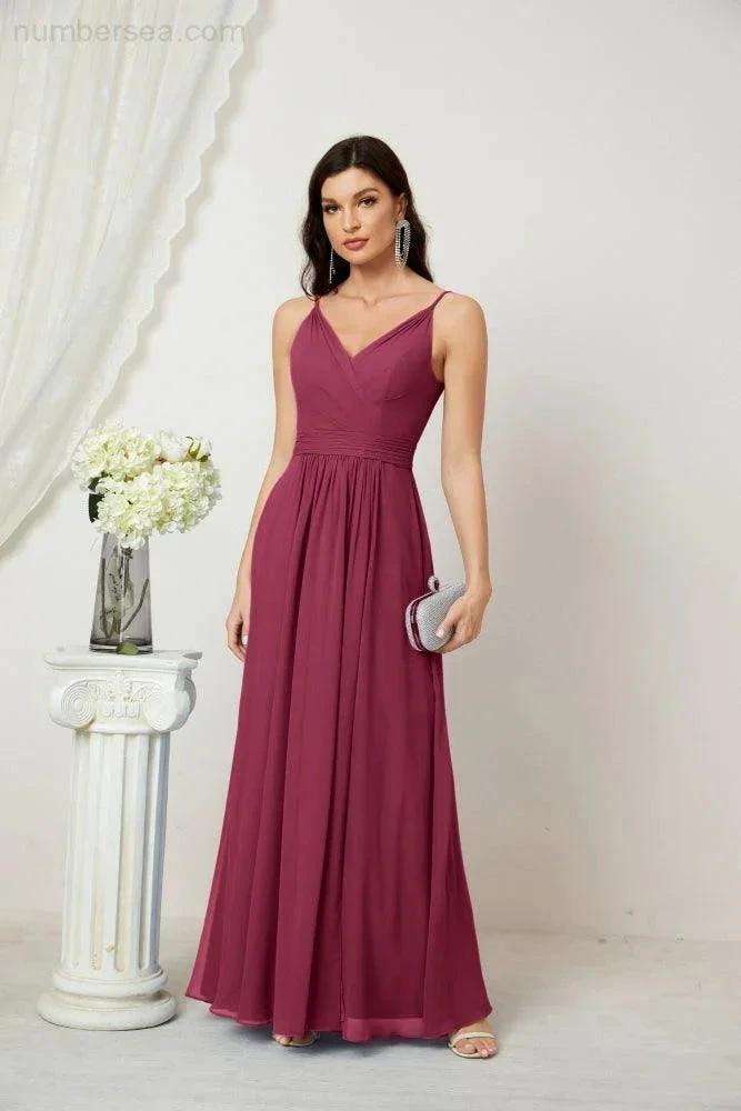 Numbersea Chiffon V-Neck Bridesmaid Dress Spaghetti Strap Long Formal Party Prom Gowns with Slit 28010 by numbersea
