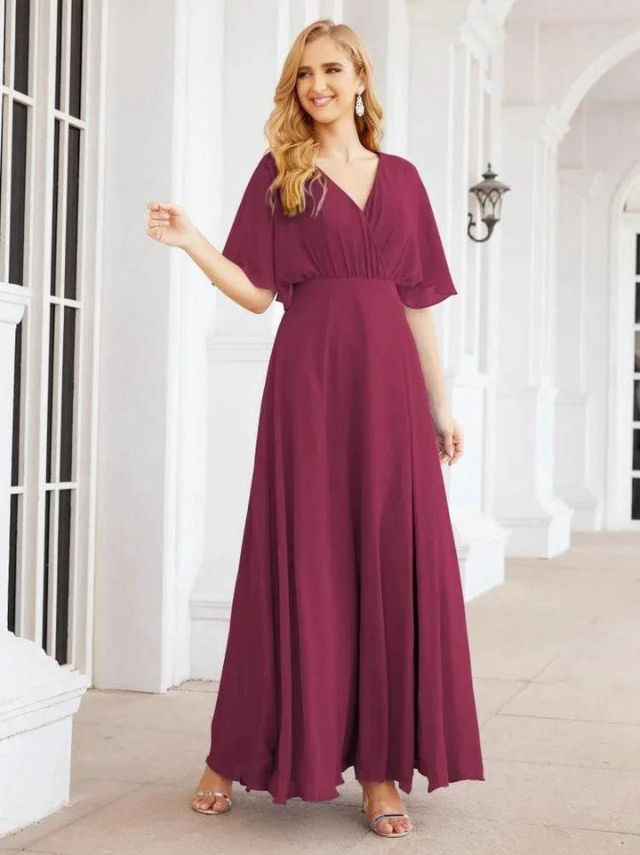 Numbersea V-Neck Bridesmaid Dress Chiffon Long Open Back Formal Dresses for Women Party Evening 28067 by numbersea