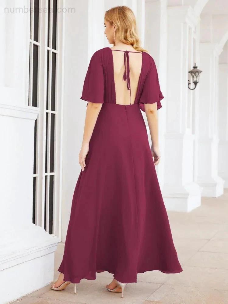Numbersea V-Neck Bridesmaid Dress Chiffon Long Open Back Formal Dresses for Women Party Evening 28067 by numbersea