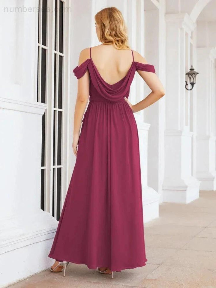 Numbersea Off The Shoulder Chiffon Bridesmaid Dress Long Formal Graduation Gown with Cowl Back 28069 by numbersea