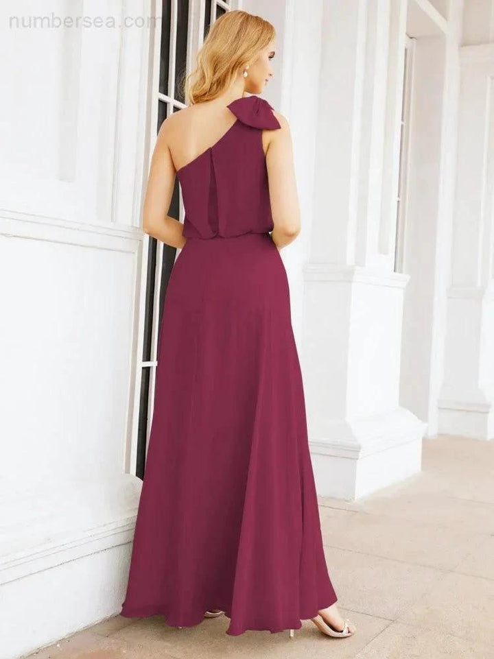 Numbersea Chiffon Ruffled One Shoulder Sleeveless Long Bride Dresses A-line Formal Evening Gown Side Split 28057 by numbersea