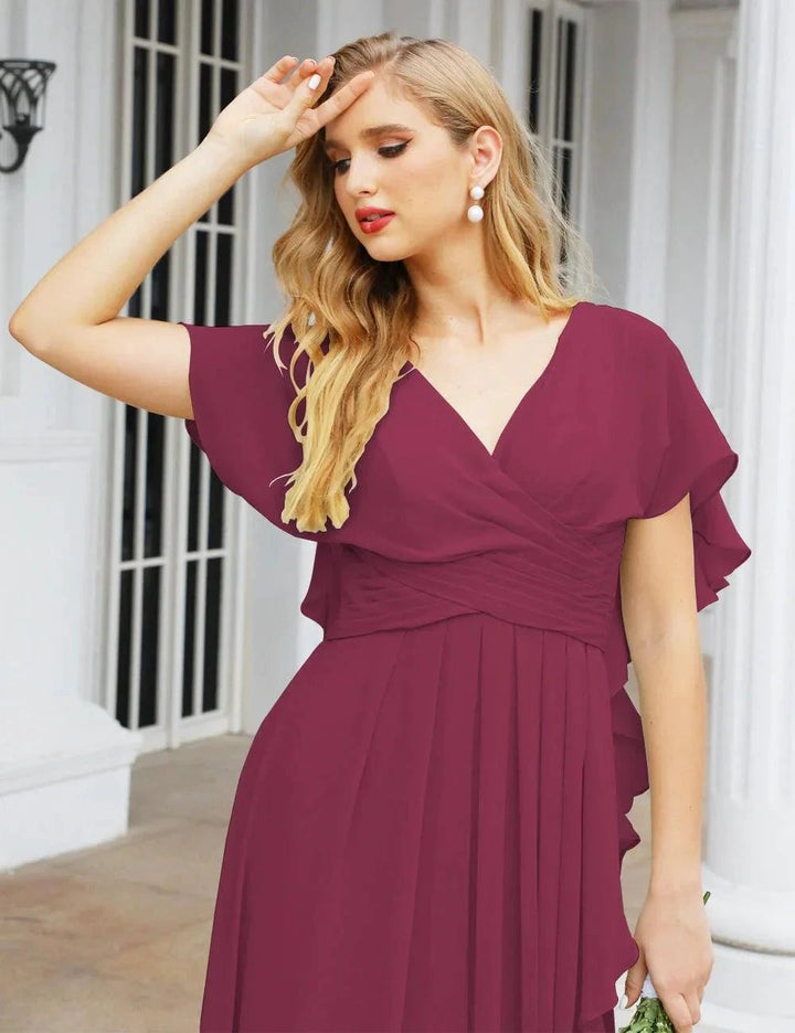 Numbersea Chiffon Bridesmaid Dresses Long Formal Evening Prom Mother of The Bride Dress with Flutter Sleeve SEA28040 by numbersea