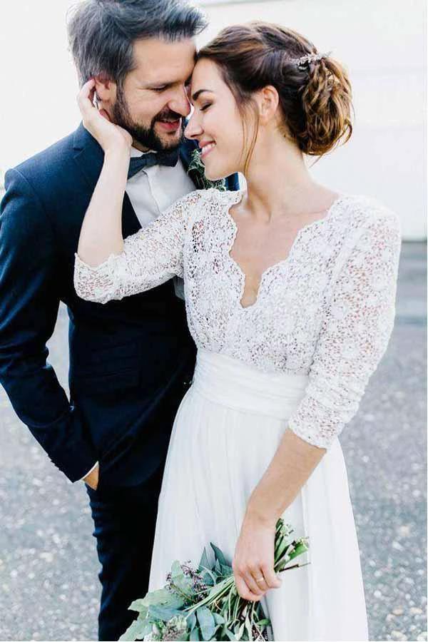 3/4 Sleeve See Through Backless Lace Chiffon Wedding Dresses WD291 by Pgmdress