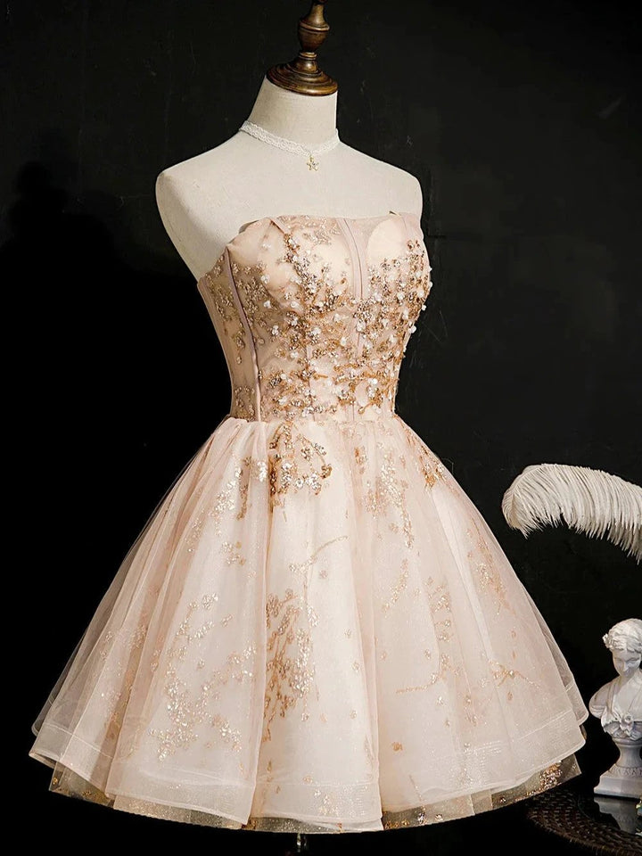 Champagne Strapless Sequins Tulle Short Homecoming Dresses by Cicinia
