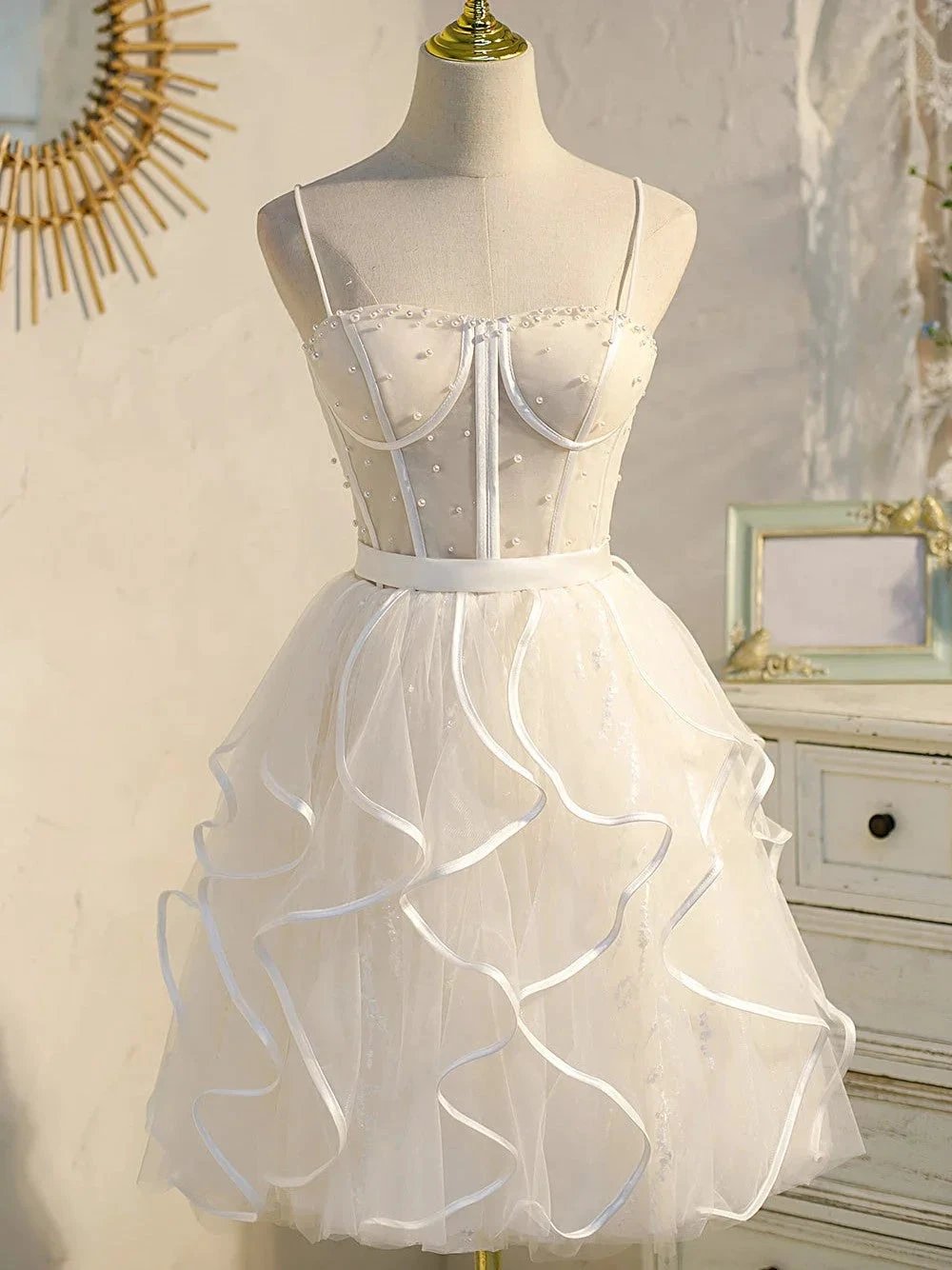 Champagne Spaghetti Straps Beading Tulle Princess Homecoming Dresses by Cicinia