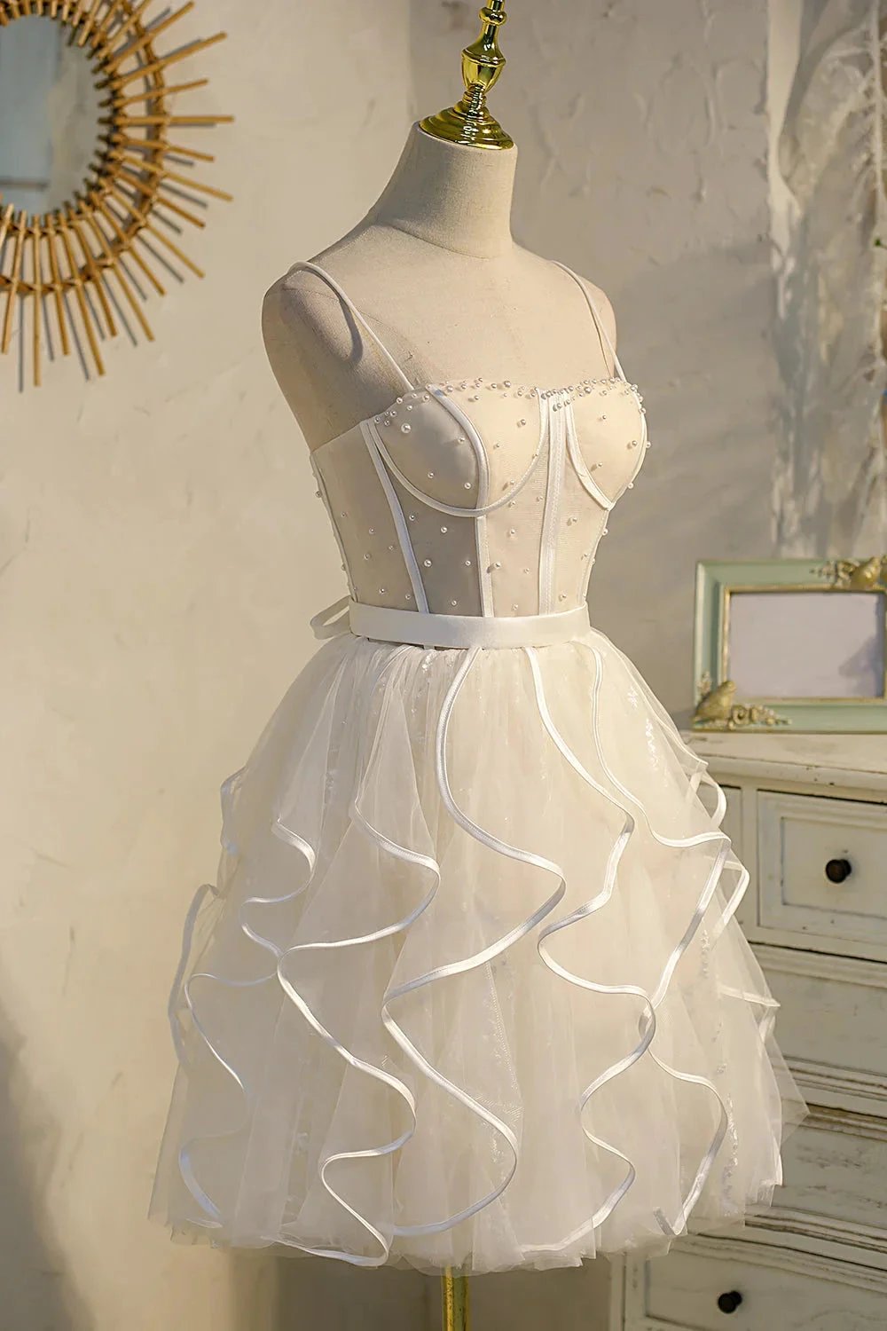 Champagne Spaghetti Straps Beading Tulle Princess Homecoming Dresses by Cicinia