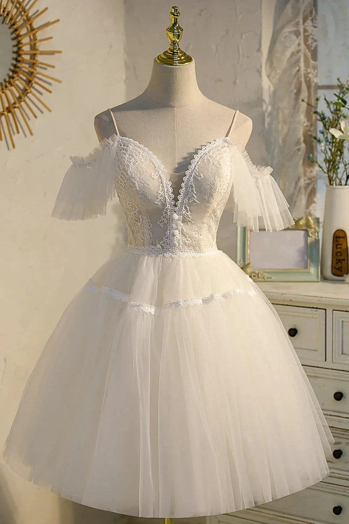 Champagne V Neck Spaghetti Straps Tulle Princess Homecoming Dresses by Cicinia