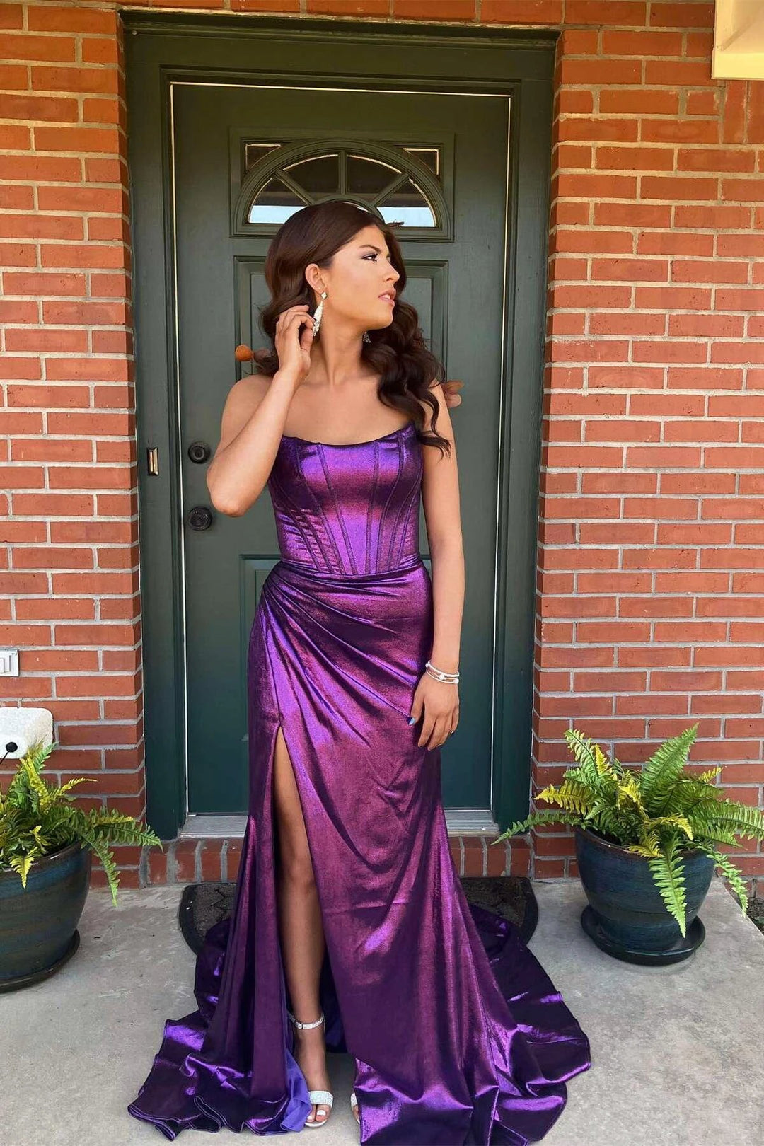 Serilda | Dark Green Strapless Sheath Satin Long Prom Dress With Split by KissProm