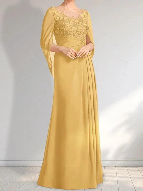 A-line Scoop Illusion Floor-Length Lace Chiffon Mother of the Bride Dress With Pleated Sequins by Dreamylily