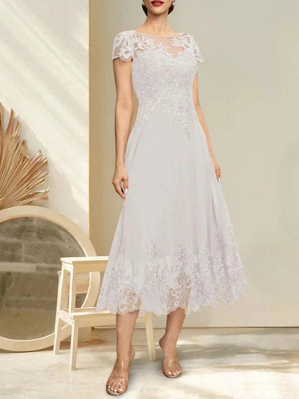 A-line Illusion Scoop Tea-Length Lace Chiffon Mother of the Bride Dress With Sequins by Dreamylily