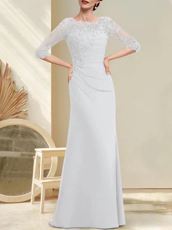 A-line Scoop Floor-Length Chiffon Lace Mother of the Bride Dress With Beading Pleated Sequins by Dreamylily