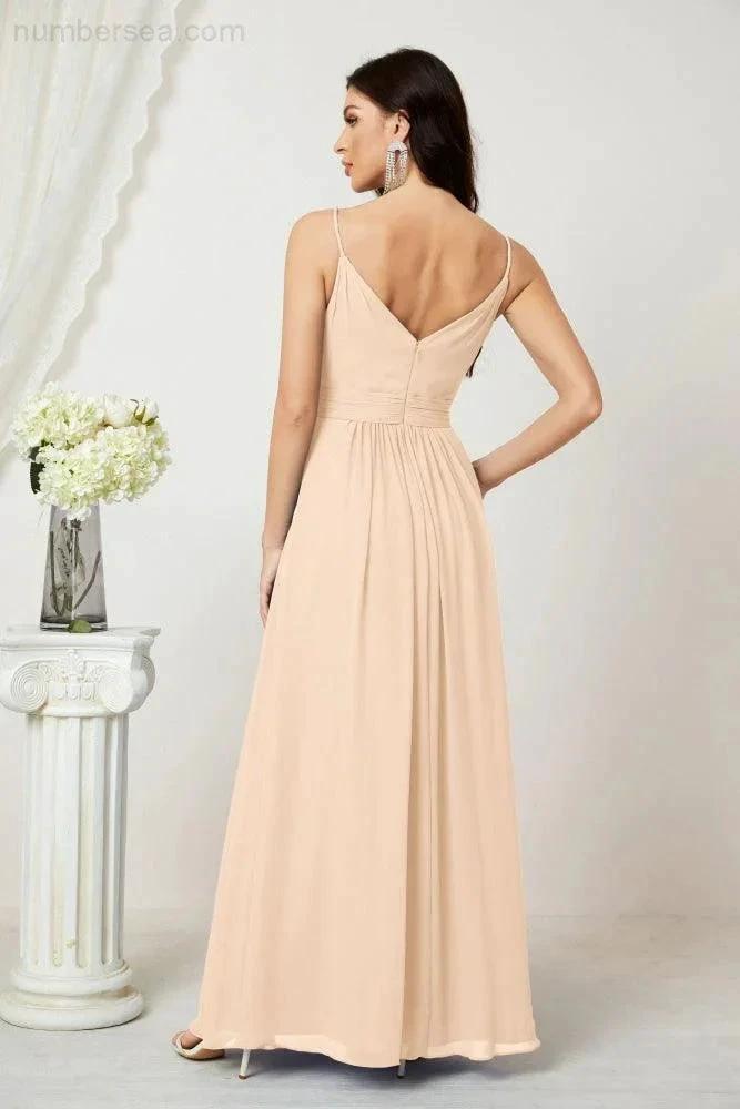 Numbersea Chiffon V-Neck Bridesmaid Dress Spaghetti Strap Long Formal Party Prom Gowns with Slit 28010 by numbersea