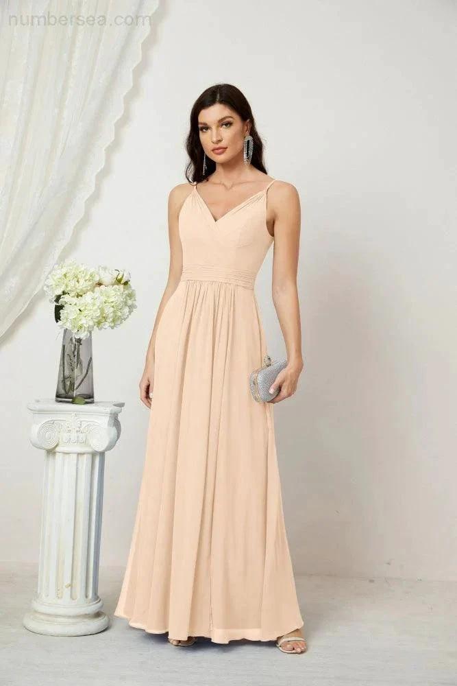 Numbersea Chiffon V-Neck Bridesmaid Dress Spaghetti Strap Long Formal Party Prom Gowns with Slit 28010 by numbersea