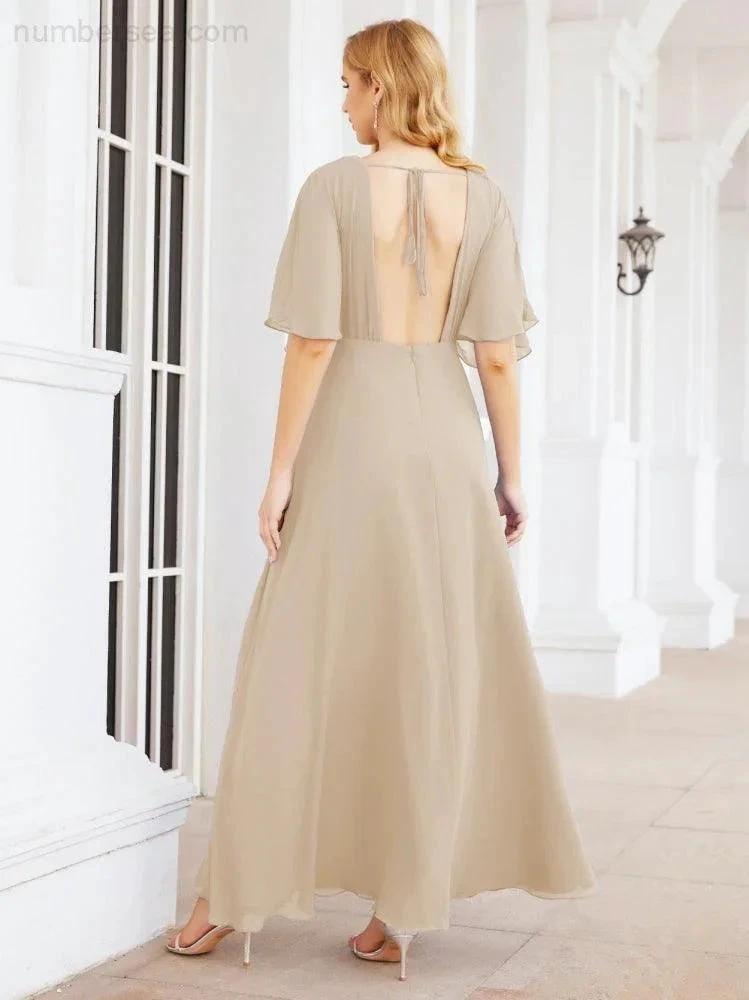 Numbersea V-Neck Bridesmaid Dress Chiffon Long Open Back Formal Dresses for Women Party Evening 28067 by numbersea