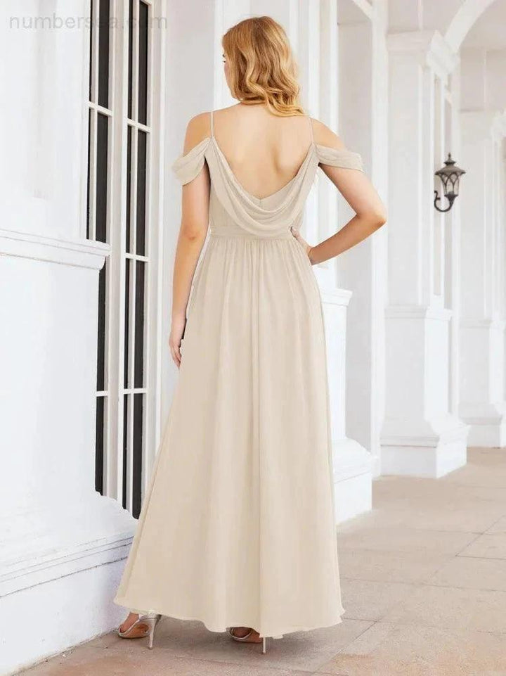 Numbersea Off The Shoulder Chiffon Bridesmaid Dress Long Formal Graduation Gown with Cowl Back 28069 by numbersea