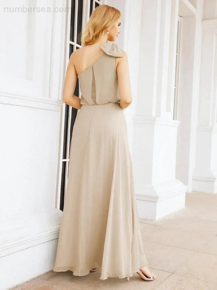Numbersea Chiffon Ruffled One Shoulder Sleeveless Long Bride Dresses A-line Formal Evening Gown Side Split 28057 by numbersea