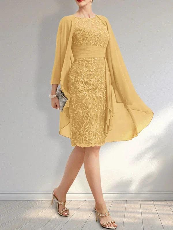 Sheath Scoop Illusion Knee-Length Lace Chiffon Mother of the Bride Dress With Cascading Ruffles Sequins by Dreamylily