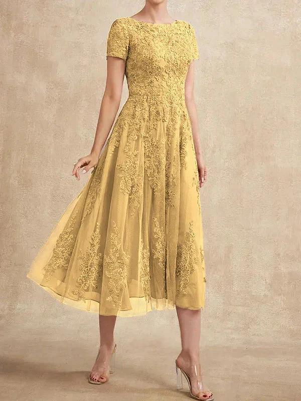 A-line Scoop Tea-Length Tulle Lace Mother of the Bride Dress by Dreamylily