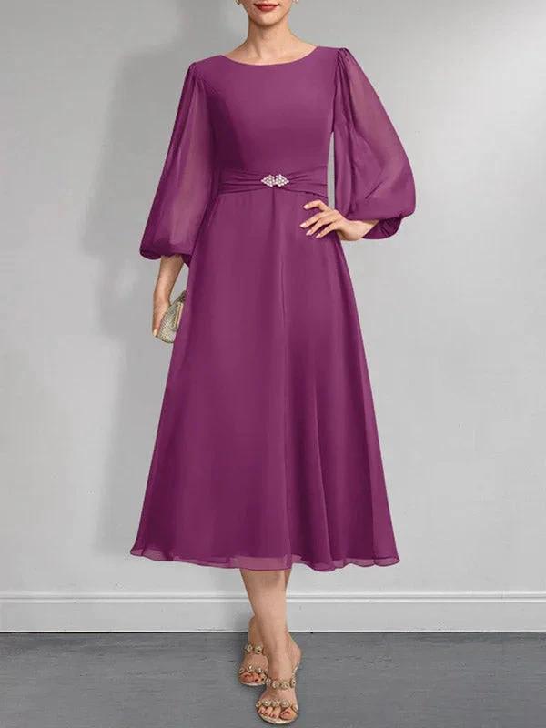 A-line Scoop Tea-Length Chiffon Mother of the Bride Dress With Crystal Brooch Pleated by Dreamylily