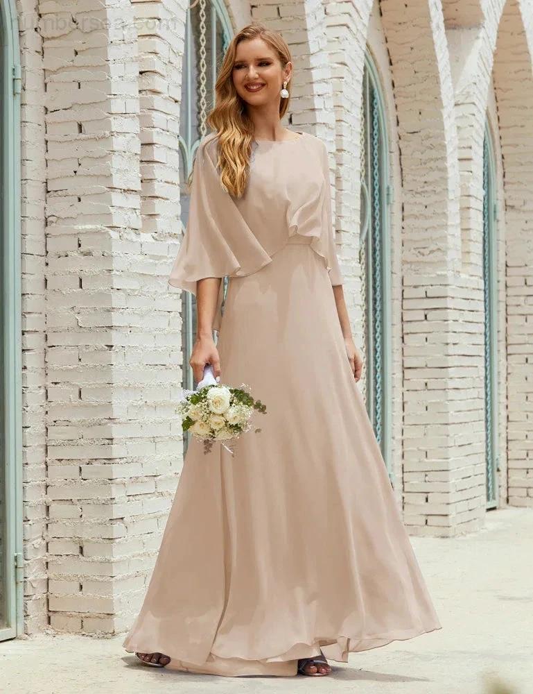 Sunnderly Bridesmaid Dress Women Long Sleeve V-Neck Chiffon Formal Wedding Party Dress SY28018 by numbersea