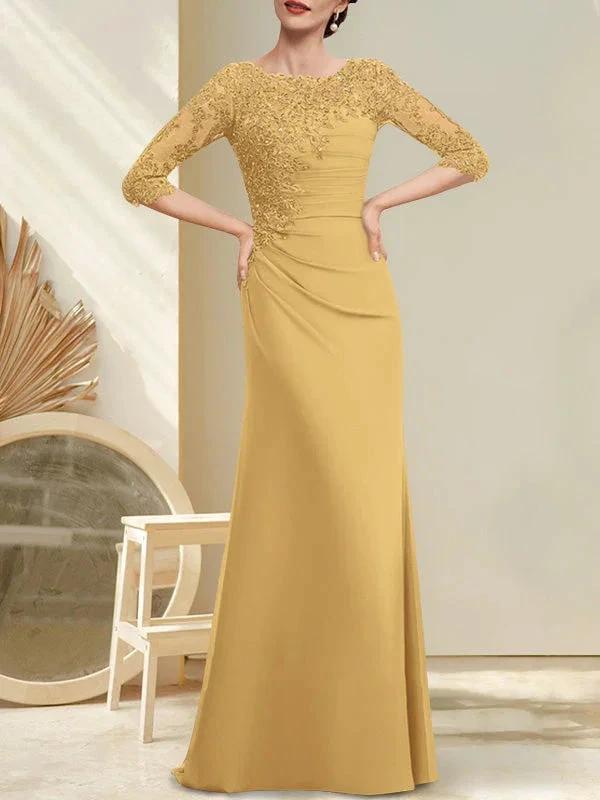 A-line Scoop Floor-Length Chiffon Lace Mother of the Bride Dress With Beading Pleated Sequins by Dreamylily