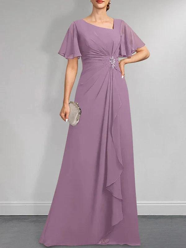 A-line Asymmetrical Floor-Length Chiffon Mother of the Bride Dress With Pleated Beading Sequins by Dreamylily
