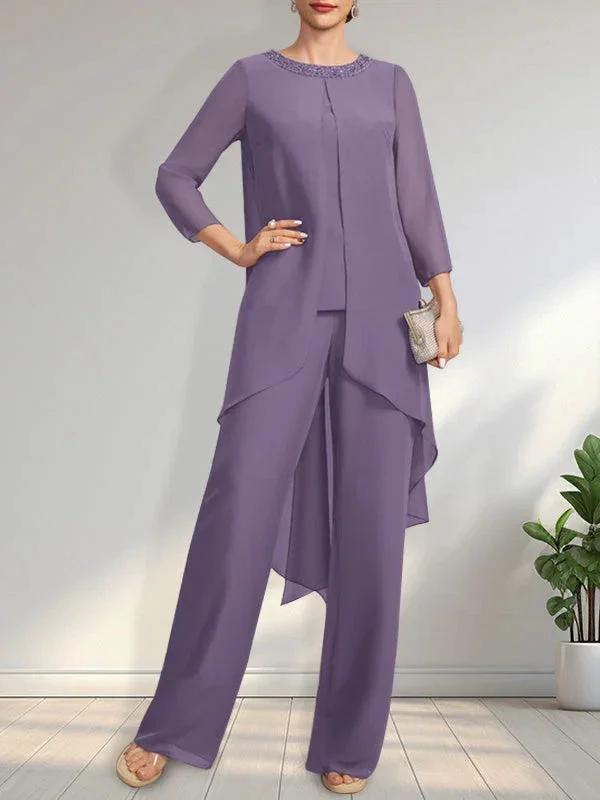Separates Jumpsuit/Pantsuit Scoop Floor-Length Chiffon Mother of the Bride Dress With Sequins Beading by Dreamylily