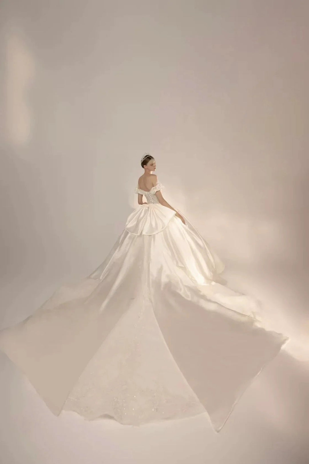 Opulent Ball Gown Off-the-Shoulder Satin Wedding Dress with Sequin Embroidery &amp; Dramatic Train Q6018 by ZAPDRESS