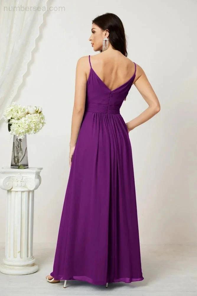 Numbersea Chiffon V-Neck Bridesmaid Dress Spaghetti Strap Long Formal Party Prom Gowns with Slit 28010 by numbersea